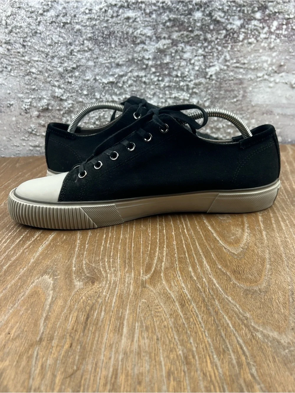 602 ALLSAINTS DILLON Men's Classic Black Canvas Low-Top Sneakers White Toe 11